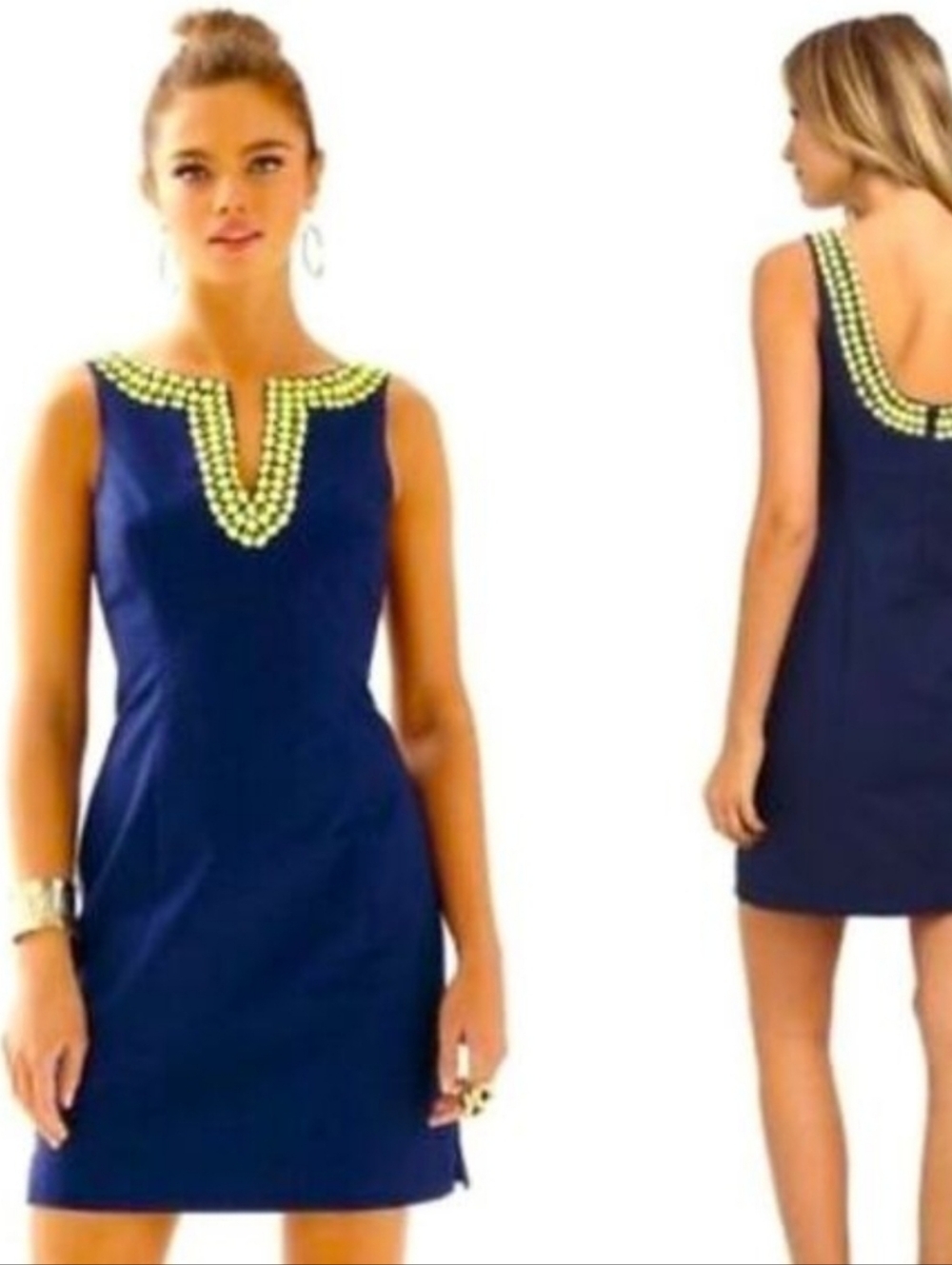 Lilly Pulitzer Navy Sleeveless Shift Dress with Yellow Beaded Neckline >like NEW - Picture 2 of 6
